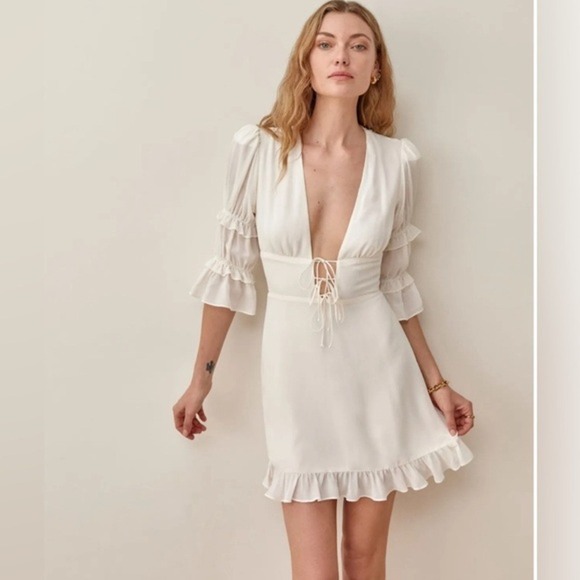 Reformation Dresses & Skirts - Reformation Ivory Lace Up Ruffle Sleeve Mini Dress Size 10 NWT
